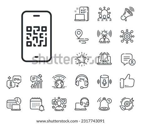 Scan barcode sign. Place location, technology and smart speaker outline icons. Qr code line icon. Phone code scanner symbol. Qr code line sign. Influencer, brand ambassador icon. Vector