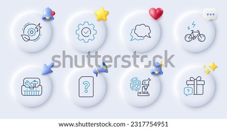 Green energy, Chat message and Execute line icons. Buttons with 3d bell, chat speech, cursor. Pack of Unknown file, Fingerprint research, Toolbox icon. Secret gift, E-bike pictogram. Vector