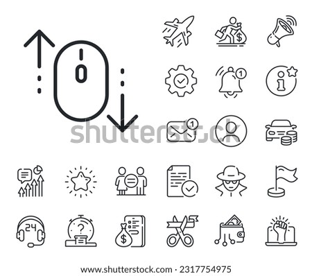Scrolling screen sign. Salaryman, gender equality and alert bell outline icons. Scroll down mouse line icon. Swipe page. Scroll down line sign. Spy or profile placeholder icon. Vector