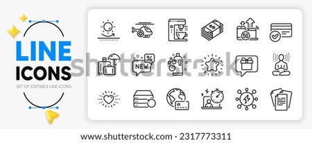 Payment methods, Medical helicopter and Documents line icons set for app include Heart, Luggage insurance, Yoga outline thin icon. Timer, Recovery server, Sun protection pictogram icon. Vector