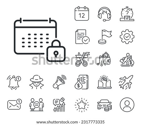 Annual planner sign. Salaryman, gender equality and alert bell outline icons. Calendar locked line icon. Event schedule symbol. Calendar line sign. Spy or profile placeholder icon. Vector