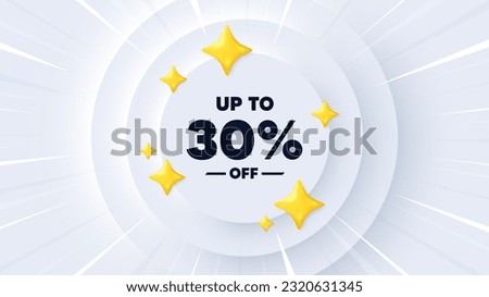 Up to 30 percent off sale. Neumorphic banner with sunburst. Discount offer price sign. Special offer symbol. Save 30 percentages. Discount tag message. Banner with 3d stars. Vector