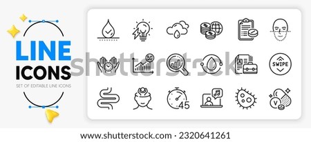 Vanadium mineral, Medical prescription and Face recognition line icons set for app include Stress, Seo analysis, Music outline thin icon. Vacancy, 5g statistics, Bacteria pictogram icon. Vector
