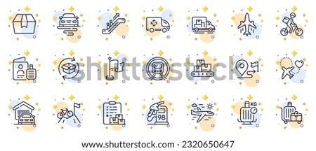 Outline set of Route, Petrol station and Delivery report line icons for web app. Include Plane, Escalator, Ambulance emergency pictogram icons. Return parcel, Honeymoon travel. Vector