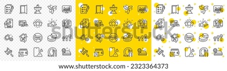 Outline Phone warning, Survey checklist and Open door line icons pack for web with Wind energy, Creative design, Paint roller line icon. Fake news, Gears, Pie chart pictogram icon. Grill. Vector