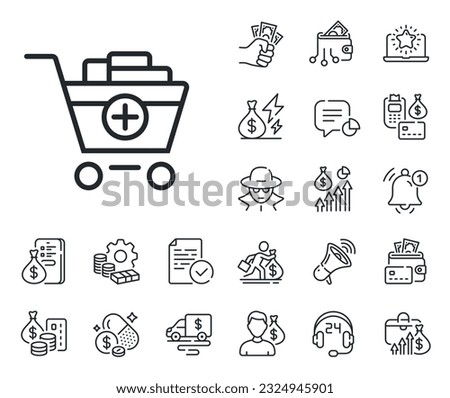 Online buying sign. Cash money, loan and mortgage outline icons. Add to Shopping cart line icon. Supermarket basket symbol. Add products line sign. Credit card, crypto wallet icon. Vector