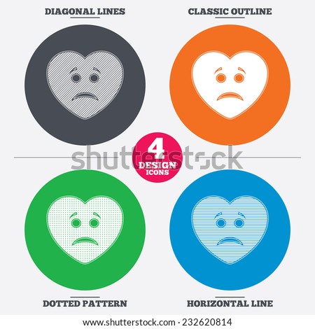 Diagonal and horizontal lines, classic outline, dotted texture. Sad heart face sign icon. Sadness depression chat symbol. Pattern circles. Vector