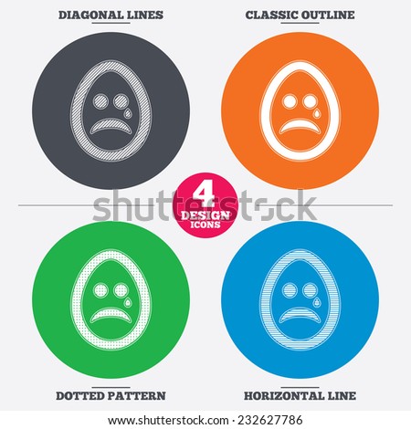 Diagonal and horizontal lines, classic outline, dotted texture. Sad Easter egg face with tear sign icon. Crying chat symbol. Pattern circles. Vector