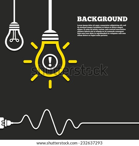 Idea lamp with electric plug background. Attention sign icon. Exclamation mark. Hazard warning symbol. Curved cord. Vector