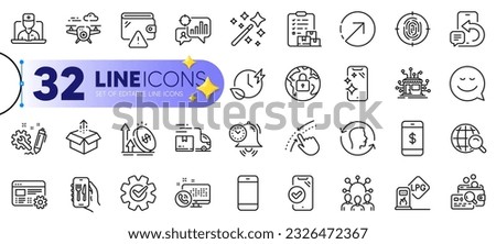 Outline set of Drone, Time management and Distribution line icons for web with Swipe up, Excise duty, Smartphone clean thin icon. Telemedicine, Squad, Lock pictogram icon. Face id. Vector