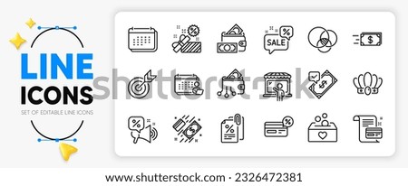 Digital wallet, Cashback and Payment card line icons set for app include Target, Donation, Sale outline thin icon. Crown, Tax documents, Market seller pictogram icon. Euler diagram. Vector