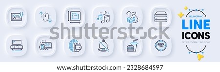 Scroll down, Floor plan and Bitcoin system line icons for web app. Pack of Mute, Inflation, Servers pictogram icons. Music, Wallet, Download photo signs. Hamburger, Tv stand, Tips. Mouse swipe. Vector
