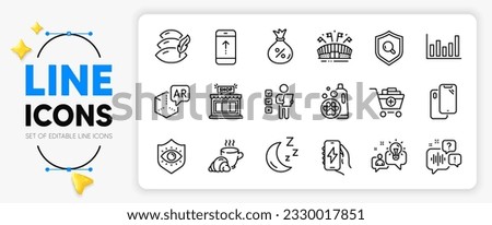 Coffee break, Add products and Inspect line icons set for app include Voting ballot, Idea, Swipe up outline thin icon. Pillow, Sports arena, Shop pictogram icon. Augmented reality, Loan, Moon. Vector
