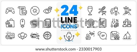 Icons set of Waterproof, Search car and Leadership line icons pack for app with Text message, Deflation, Heart thin outline icon. Scroll down, Fish grill, Document signature pictogram. Vector