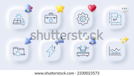 Solar panel, Medicine and Trade infochart line icons. Buttons with 3d bell, chat speech, cursor. Pack of Floor plan, Power, First aid icon. Wifi, Recovery devices pictogram. Vector