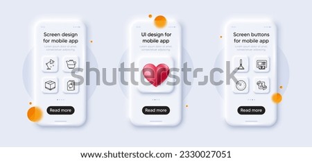 Milk jug, Update document and Plunger line icons pack. 3d phone mockups with heart. Glass smartphone screen. Atm, Clock, Technical algorithm web icon. Delivery box, Table lamp pictogram. Vector