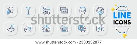 Photo album, Pie chart and Fish line icons for web app. Pack of Electric bike, 24h service, Magistrates court pictogram icons. Cleaning, Arena, Stand lamp signs. Truck parking, Stress. Vector