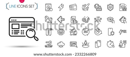 Pack of Hold box, Engineering and Card line icons. Include 360 degrees, Augmented reality, Website search pictogram icons. Power, Phone protect, Left arrow signs. Scroll down. Vector