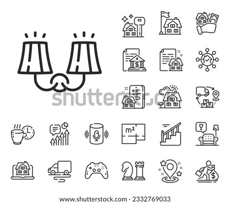 Wall lamp sign. Floor plan, stairs and lounge room outline icons. Sconce light line icon. Interior illuminate symbol. Sconce light line sign. House mortgage, sell building icon. Real estate. Vector