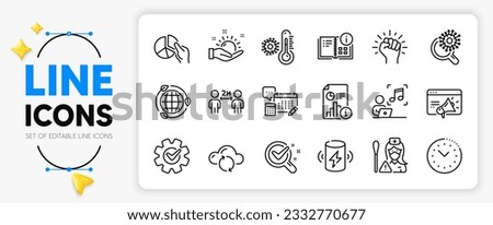 Nurse, Report and Eco energy line icons set for app include Charge battery, Pie chart, Cloud sync outline thin icon. Chemistry lab, Seo marketing, Empower pictogram icon. Account, Music. Vector