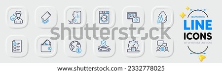 Water drop, Share and Transport insurance line icons for web app. Pack of Global business, Wallet, Photo camera pictogram icons. Smartphone broken, Voting ballot, Timer signs. Voicemail. Vector