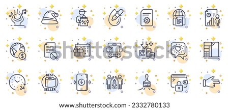 Outline set of Delivery discount, Bus and Cupboard line icons for web app. Include Wireless charging, Business report, Brush pictogram icons. Click hand, Partnership, Friends chat signs. Vector