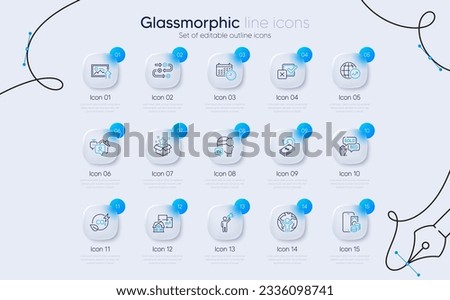 Set of Phone pay, World statistics and Survey progress line icons for web app. Calendar, Bid offer, Augmented reality icons. Checkbox, Upload photo, Floor plan signs. Loyalty program. Vector