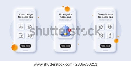 Cloud sync, Buy car and Dating app line icons pack. 3d phone mockups with bell alert. Glass smartphone screen. Organic waste, Shield, Mobile devices web icon. Eco power, Timer pictogram. Vector
