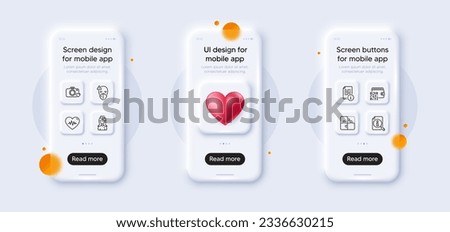 Search, Manual and Photo camera line icons pack. 3d phone mockups with heart. Glass smartphone screen. Hospital nurse, Heartbeat, Medical mask web icon. Qr code, Puzzle pictogram. Vector