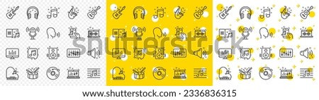 Set of Acoustic guitar, Musical note, Vinyl record icons. Music line icons. Jazz saxophone, Drums with drumsticks, DJ controller. Sound check, Mic, Music making, Electric guitar. Musical note. Vector