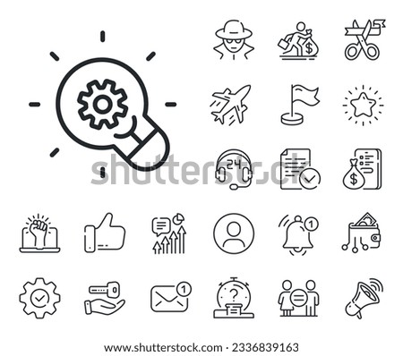 Light bulb with cog sign. Salaryman, gender equality and alert bell outline icons. Innovation line icon. Working process symbol. Innovation line sign. Spy or profile placeholder icon. Vector