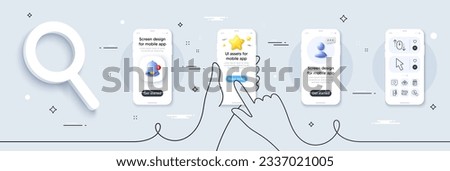 Refrigerator, Cursor and Quick tips line icons pack. Phone screen mockup with 3d star, alert and chat message. Journey path, Scroll down, Marketplace web icon. Vector