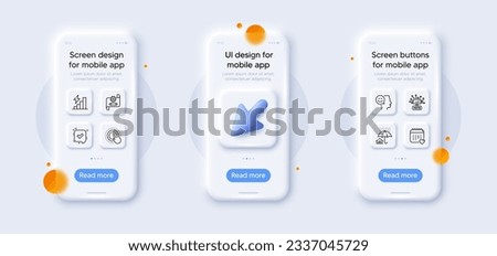 Online voting, Cogwheel blueprint and Confirmed line icons pack. 3d phone mockups with cursor. Glass smartphone screen. Consumption growth, Healthcare calendar, Click hand web icon. Vector