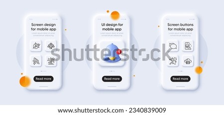 Cyber attack, Cloud server and Teamwork line icons pack. 3d phone mockups with bell alert. Glass smartphone screen. Saving electricity, Talk bubble, Windmill turbine web icon. Vector