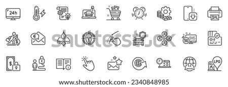 Icons pack as Electricity power, Card and Global engineering line icons for app include Furniture, Cursor, Car secure outline thin icon web set. 5g internet, Grocery basket, Lock pictogram. Vector