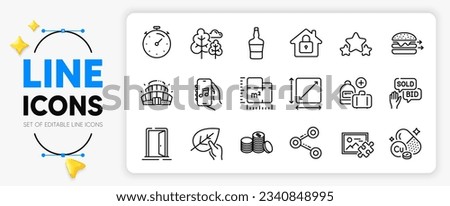 Share, Timer and Stars line icons set for app include Lock, Music app, Open door outline thin icon. Food delivery, Add handbag, Floor plan pictogram icon. Tree, Bid offer, Banking money. Vector