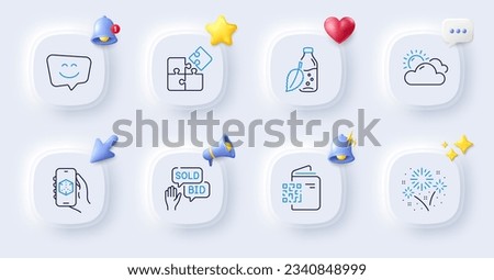 Water bottle, Bid offer and Qr code line icons. Buttons with 3d bell, chat speech, cursor. Pack of Fireworks, Puzzle, Sunny weather icon. 3d app, Smile face pictogram. For web app, printing. Vector