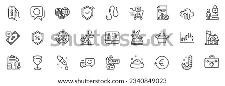 Icons pack as Building, Businessman run and Hook line icons for app include Report, First aid, Rejected payment outline thin icon web set. Cloud sync, Loan percent, Discounts cart pictogram. Vector