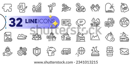 Outline set of Bid offer, Mattress and Text message line icons for web with Lock, Currency exchange, Fast food thin icon. Piano, Sale tag, Exhaust pictogram icon. Messenger mail. Vector