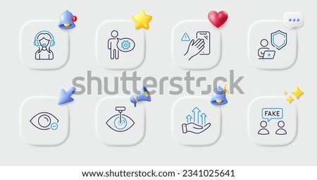 Cogwheel, Support and Growth chart line icons. Buttons with 3d bell, chat speech, cursor. Pack of Dont touch, Fake information, Shield icon. Myopia, Eye laser pictogram. For web app, printing. Vector