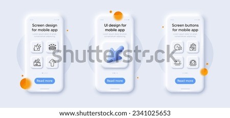 Fire energy, Disaster and Sale bags line icons pack. 3d phone mockups with cursor. Glass smartphone screen. Sports arena, Upload, Time web icon. Sunset, Seo devices pictogram. Vector