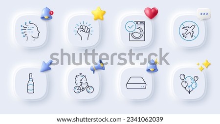 Beer bottle, Mini pc and Artificial intelligence line icons. Buttons with 3d bell, chat speech, cursor. Pack of Balloons, Airplane mode, Empower icon. Bike timer, Washing machine pictogram. Vector