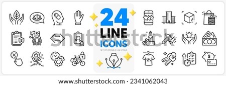 Icons set of Star, Innovation and Dry t-shirt line icons pack for app with Loyalty points, Money, Timer thin outline icon. Ranking, Justice scales, Bicycle lockers pictogram. Fair trade. Vector