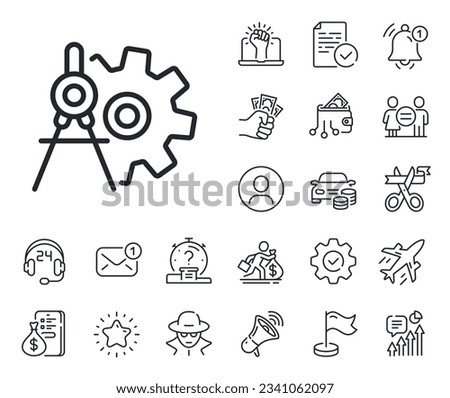 Engineering tool sign. Salaryman, gender equality and alert bell outline icons. Cogwheel dividers line icon. Cog gear symbol. Cogwheel dividers line sign. Spy or profile placeholder icon. Vector