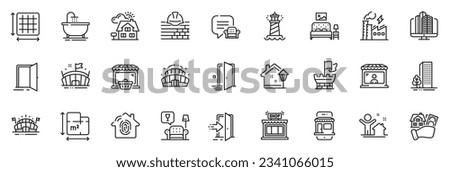 Icons pack as Furniture, Street light and Open door line icons for app include Lighthouse, Fingerprint access, Market seller outline thin icon web set. Buildings, Enterprise, Shop pictogram. Vector