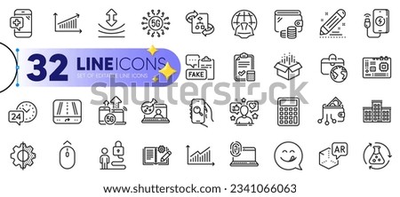 Outline set of Computer fingerprint, Transform and Influence line icons for web with Accounting checklist, Graph, Augmented reality thin icon. Lock, Calculator. Design with yellow 3d stars. Vector
