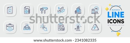 Inspect, Construction toolbox and Lighthouse line icons for web app. Pack of Buildings, Petrol station, Boxes pallet pictogram icons. Lightning bolt, Documentation, Brush signs. Vector