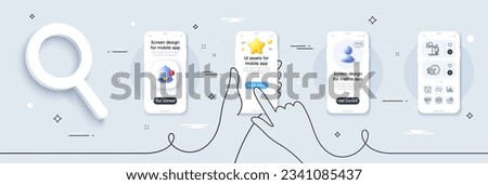 Employee hand, Delete order and Leadership line icons pack. Phone screen mockup with 3d star, alert and chat message. Sync, Correct checkbox, Diagram graph web icon. Vector