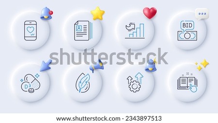 Technical documentation, Bid offer and Love chat line icons. Buttons with 3d bell, chat speech, cursor. Pack of Cv documents, Hypoallergenic tested, Seo gear icon. Vector