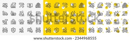 Car repair, Home cleaning, Engineering service line icons. Professional services line icons. Builder and Painter, Wrench tool with hammer, Car wash. Birthday events and internet services. Vector